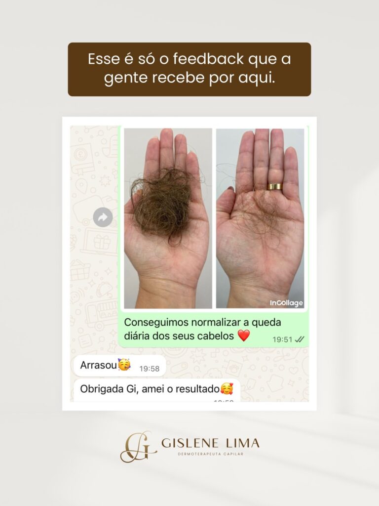 Print de WhatsApp: queda diária de cabelos normalizada após o tratamento